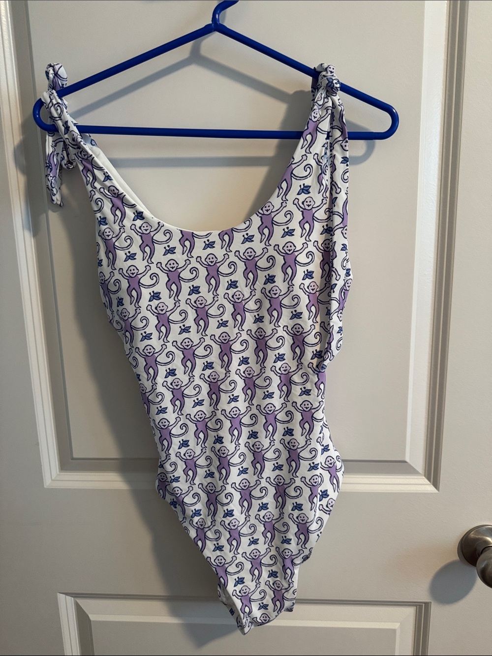 Roller Rabbit White One-Piece Swimsuit with Purple Monkey Print. Size Medium.